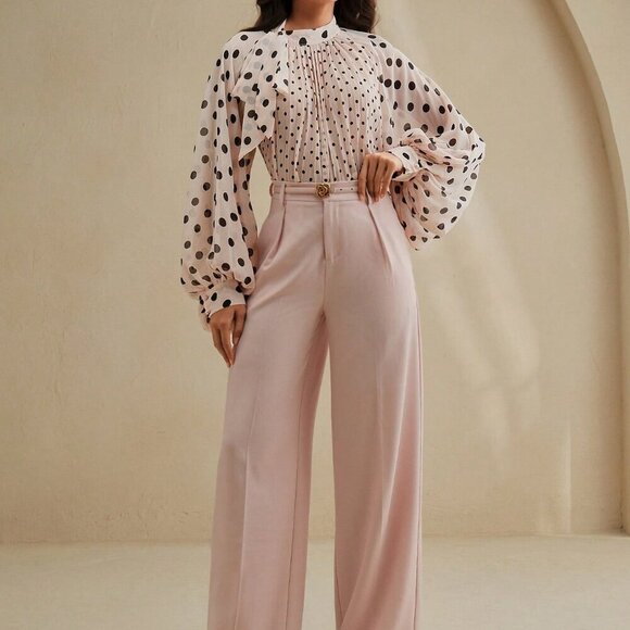 Baby Pink Elegant Women's & Polka Dot Pleated Tie Front Long Sleeve Blouse - Picture 6 of 7